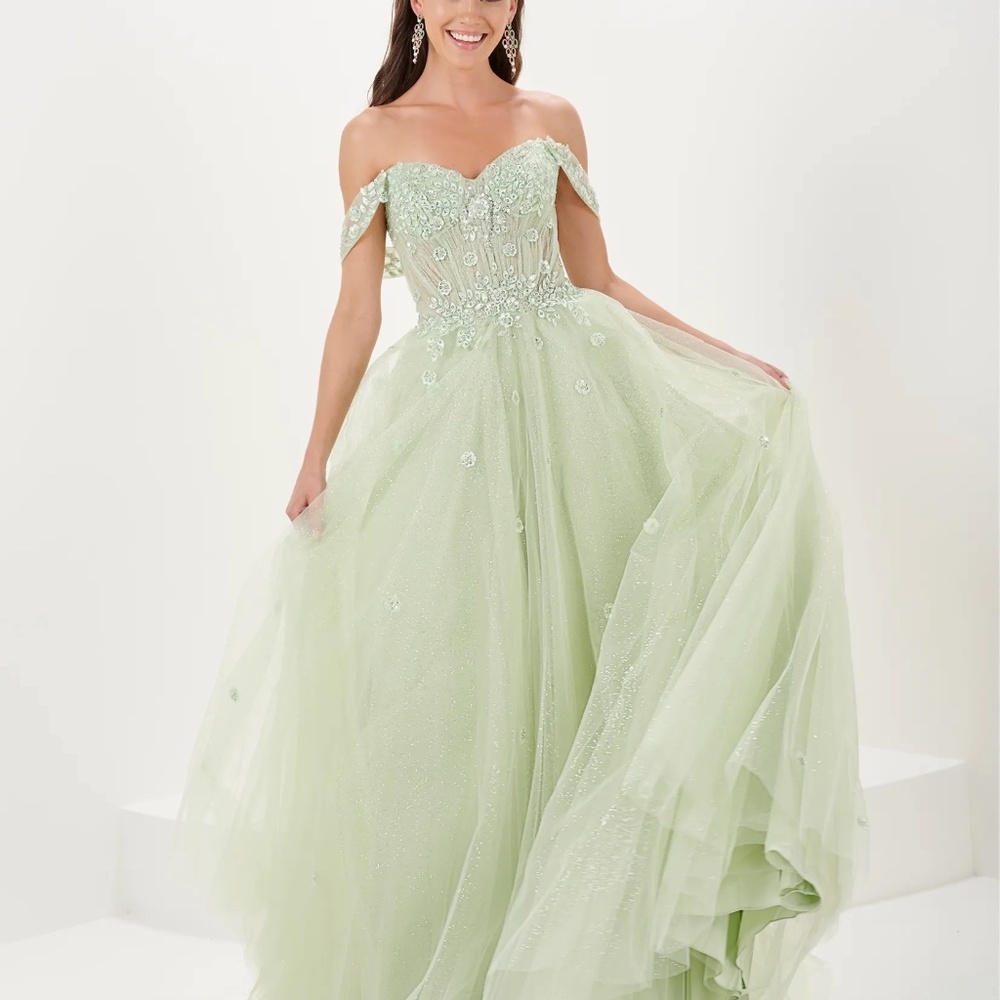 Tiffany Designs- 16064 Mint Off-the-Shoulder 3-D Floral Corset Lace Up Dress